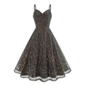 Elegante feestjurk met pailletten en V-hals met een wijde A-lijn rok en dunne bandjes - XL / Zwart