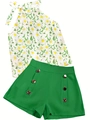 Sommerliches Set mit Neckholder-Top mit Gänseblümchen-Print und grünen Shorts mit Knöpfen - S / Oberteil Und Unterteil / Grün Stil 4