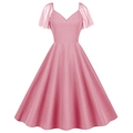 Retro light pink A-line dress with mesh flutter sleeves and pleated flare skirt - S / Pink