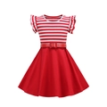 Girl vintage 50s striped dress with ruffled sleeves and a red waist belt - Red / S(120)