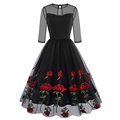 Vestido retro negro acampanado con bordado de rosas, cuello de malla y media manga - S / Negro