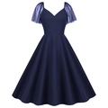 Retro A-line dark blue dress featuring translucent polka dot mesh sleeves and V-neckline - S / Navy Blue