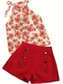 Damen-Sommerset mit rotem Rosen-Halter-Top und Shorts mit Zierknöpfen - S / Oberteil Und Unterteil / Rot 3