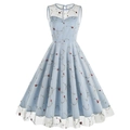 Vintage 1950s light blue sleeveless mesh dress with red floral embroidery and A-line hem - S / Light Blue