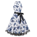 Vintage 50s halter dress with blue rose print, black satin belt and mesh hemline - S / White with Blue Flowers