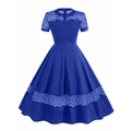 Royal blue vintage 50s cocktail dress with short sleeves and floral lace details - S / Blue