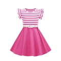 Girls vintage pink striped patchwork dress with ruffled sleeves and thin belt decoration - Rose Red / S(120)