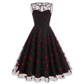 Vestido vintage sin mangas de malla negra con bordados de corazones rojos en línea A - S / Corazón Grande Negro