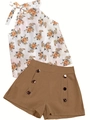 Summer floral halter top paired with brown high waist button shorts for casual vacation style - M / Warm Orange Floral Khaki Shorts Style