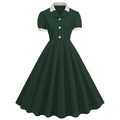 Retro dark green short sleeve dress with white Peter Pan collar and A-line silhouette - S / Dark Green