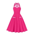 Retro 50s halter neck dress in bright rose pink with contrast white piping and pockets - S / Rose Red