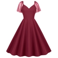 Retro V-neck A-line dress in burgundy with sheer polka dot mesh puff sleeves - S / Burgundy