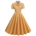 Detail view of Hepburn style vintage yellow dress with white collar and pearl buttons - S / Yellow