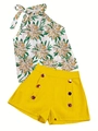 Women's summer set with floral halter top and yellow shorts with decorative buttons - M / Yellow Lily Print Yellow Shorts Style