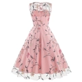 Detail of the vintage sleeveless pink mesh dress featuring intricate 3D floral embroidery - S / Pink