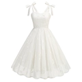 White floral embroidered cocktail dress with adjustable bow shoulder straps and flared hem - S / White