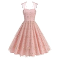 Vestido midi de tul rosa con bordado floral, escote corazón y lazos en los hombros - S / Rosa