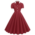 Detail view of red vintage dress featuring contrast white Peter Pan collar and button details - S / Burgundy