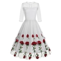 Vestido blanco vintage con bordado de rosa roja y mangas de malla transparente - S / Blanco