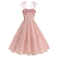 Pink embroidery mesh sling dress with elegant floral patterns and bow shoulder straps - S / Pink