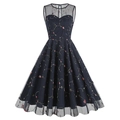 Vintage 1950s sleeveless A-line navy dress with mesh embroidery and floral patterns - S / Navy Blue