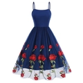 Vintage navy blue strap cocktail dress with mesh overlay and red rose embroidery - S / Blue Rose