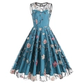 Vintage sleeveless round neck dress with floral embroidery and black mesh overlay in cyan - S / Teal