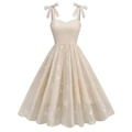 Elegant champagne A-line cocktail dress with floral embroidery and bow strap details - S / Apricot