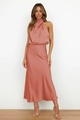 Detail of the high-neck halter neckline and elegant draped pleats on satin dress - S / Crimson Red