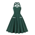 Retro 1950s Audrey Hepburn halter neck dress in dark green with white contrast piping - S / Dark Green