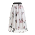 Midi-tule rok voor dames met 3D-vlinderborduurwerk en zwarte elastische tailleband - S / Wit