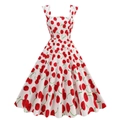 Vintage 50s Audrey Hepburn A-line dress with square neck and red cherry print on white - S / White with Cherries