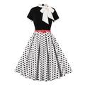 Detail of retro dress with white bow collar, red belt, and black polka dot flared skirt - S / White with Black Polka Dots