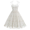 White tulle A-line dress with bow straps and pink floral embroidery for festive occasions - S / White