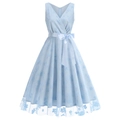 Robe sans manches bleu clair à col en V avec broderie florale et ceinture satin - S / Bleu clair