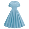 Vestido de cóctel retro azul claro evasé con patchwork de encaje y talle alto - S / Azul Cielo