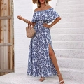 Off-shoulder bohemian maxi dress with blue mandala print and side slit detail - S / Blue