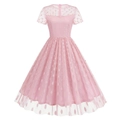 Elegant pink polka dot mesh A-line vintage 1950s cocktail dress with short sleeves - Pink