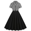 Vintage 50s Audrey Hepburn style dress with striped V-neck bodice and belted A-line skirt - S / Black
