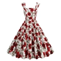 Retro 50s square neck sundress with vibrant red rose print on a white A-line skirt - S / Roses on White