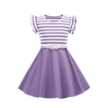 Girls vintage purple striped A-line dress with ruffle sleeves and white waist belt - Purple / S(120)