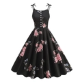 Retro 1950er Blumen Cocktailkleid mit Schleifenträgern und Zierknöpfen in A-Linien-Schnitt - S / Pfingstrose auf schwarzem Hintergrund