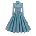 Detailed view of dust blue vintage dress showing bow neckline and front buttons - S / Light Blue