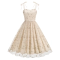 Close-up of floral embroidery on beige mesh tulle vintage A-line party dress - S / Apricot