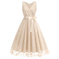 Robe vintage beige sans manches avec col en V, broderie florale et ceinture satin - S / Abricot