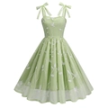 Vintage Audrey Hepburn style pale green cocktail dress with white leaf embroidery and straps - S / Green