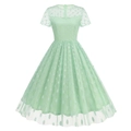 Retro 1950s Hepburn style light green polka dot mesh dress with short sleeves and round neck - Light Green