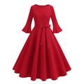 Elegante abito vintage rosso a trapezio con maniche a 3/4 a campana e cintura in vita - S / Rosso