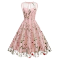 Rosa ärmelloses Retro-A-Linien-Kleid mit bunter Blumenstickerei und Mesh-Ausschnitt - S / Rosa