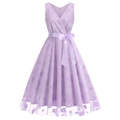 Robe vintage élégante lavande à col en V, broderie florale et ceinture en satin et tulle - S / Violet
